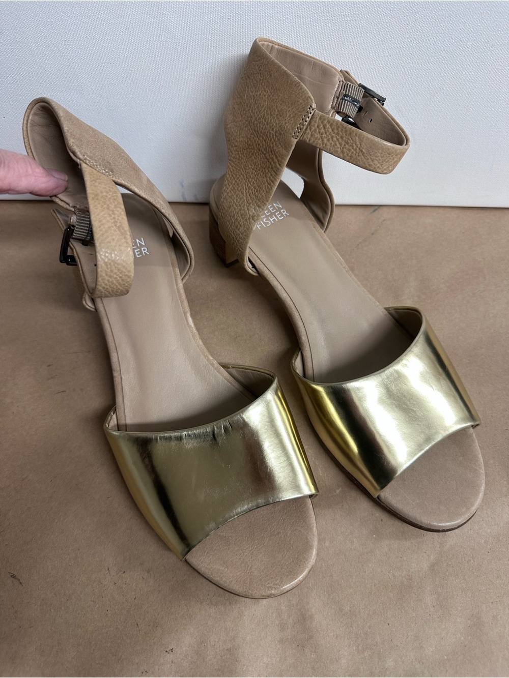 Eileen Fisher Metallic Gold and Taupe Ankle-Strap Sandal